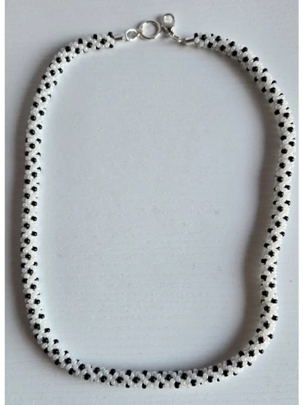 21"Black & White Necklace Medium Seed Bead Kumihimo (Japanese Brading) w/Pendant - Picture 3 of 5